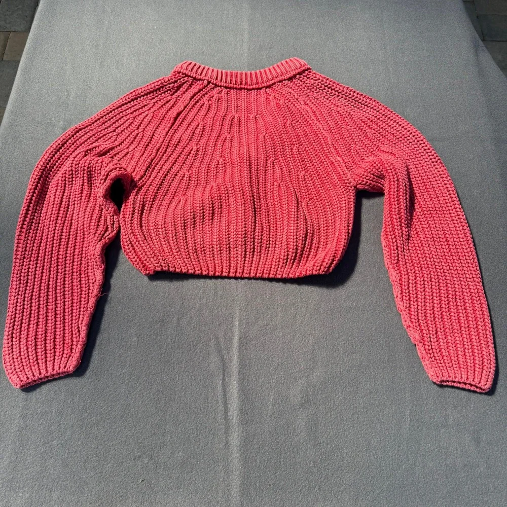 Free People Sweet Nothing Cardi Cherry Red Chunky Rib Knit Cropped Sweater XS